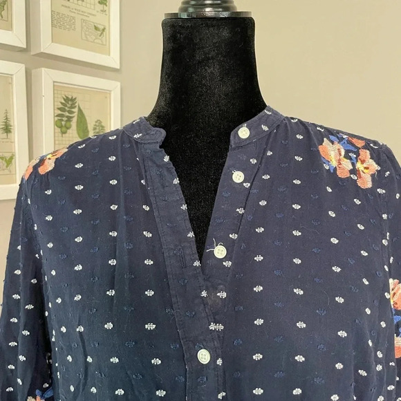 Loft The Softened Shirt Navy Floral Embroidered Button Down Top - Picture 3 of 11